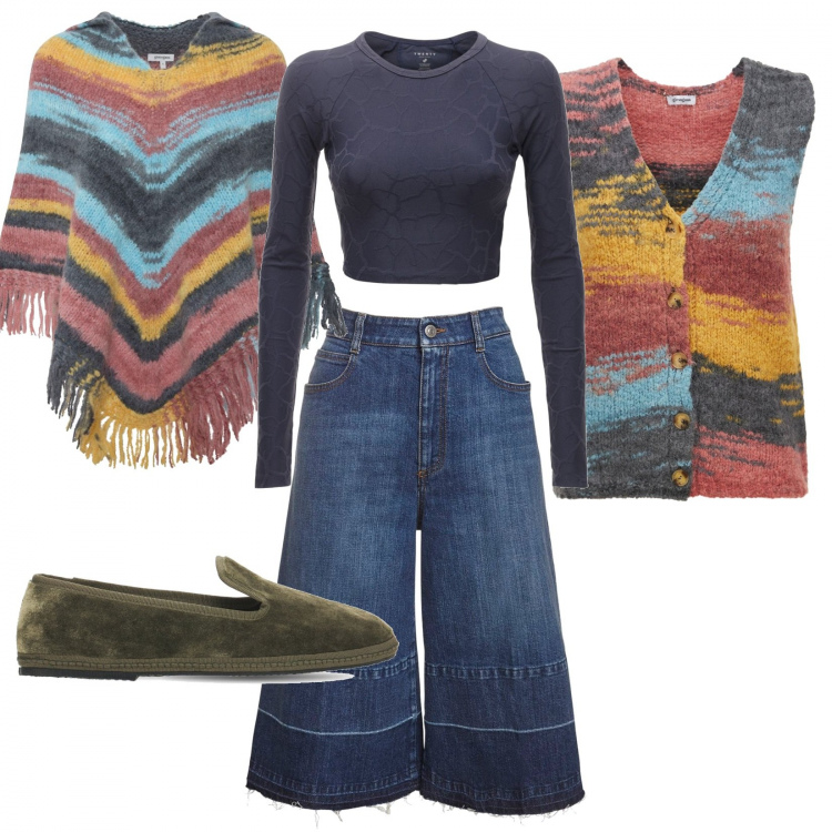 Outfit donna - Semplicemente in stile. Stile Etnico per Tutti i giorni. Abbinamento con jeans, top, mocassini, gilet, cappotti.