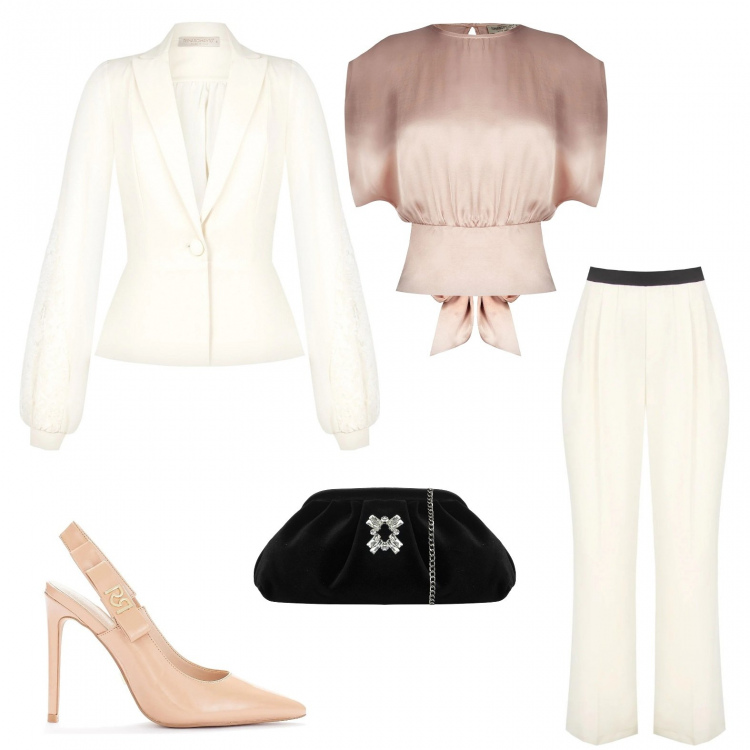 Outfit donna - Chic #26417. Stile Chic per Serata fuori. Abbinamento con bluse, pantaloni a palazzo, giacche, décolleté, pochette.