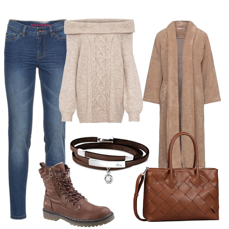 Outfit donna - Total look #1226695. Stile Urban per Tutti i giorni. Abbinamento con jeans skinny, maglieria, cappotti, stivaletti, shopping bag, braccialetti.