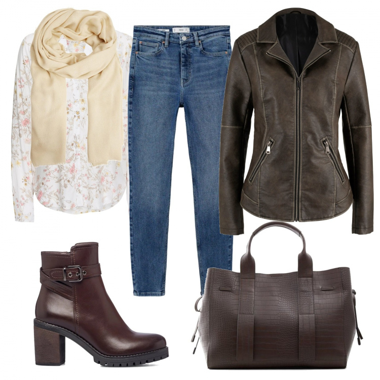Outfit donna - In biblioteca. Stile Casual chic per Scuola/Università. Abbinamento con camicie, blazer, stivaletti, borse a mano, pantaloni skinny, foulard.