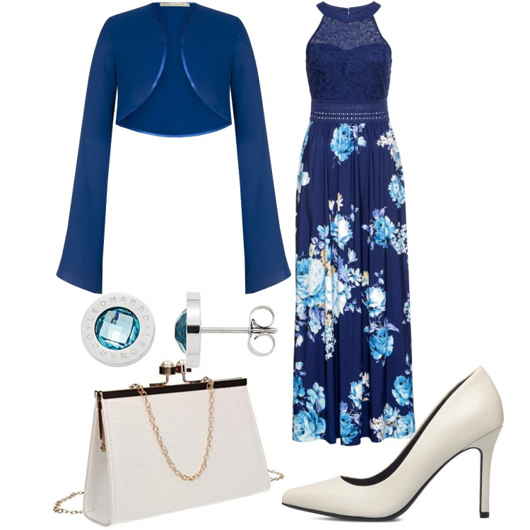 Outfit donna - La vigilia di Natale. Stile Glamour per Cerimonia. Abbinamento con vestiti lunghi, bolero, décolleté, orecchini, pochette.