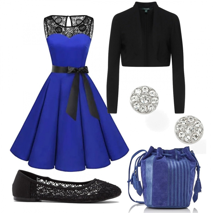Outfit donna - Blu come la notte di Natale. Stile Bon Ton per Cerimonia. Abbinamento con ballerine, bolero, orecchini, vestiti senza maniche, borse a mano.