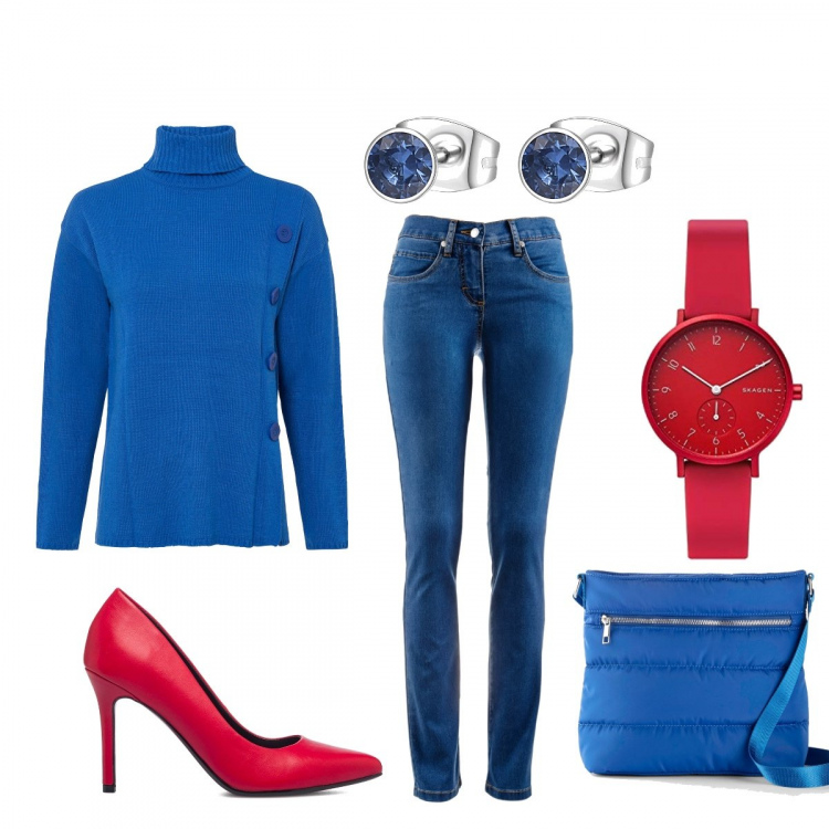 Outfit donna - Blu e rosso. Stile Casual per Tutti i giorni. Abbinamento con jeans dritti, maglieria, borse a tracolla, orecchini, décolleté, orologi.