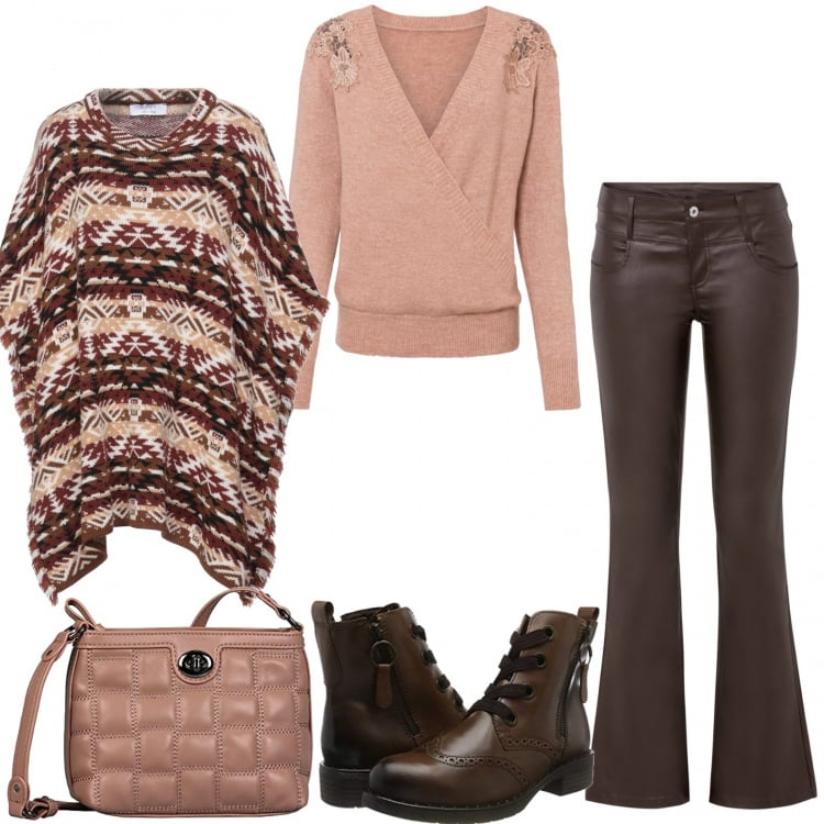 Outfit donna - Colori caldi. Stile 70s per Ufficio. Abbinamento con cappe, maglieria, pantaloni, stivali, borse a tracolla.