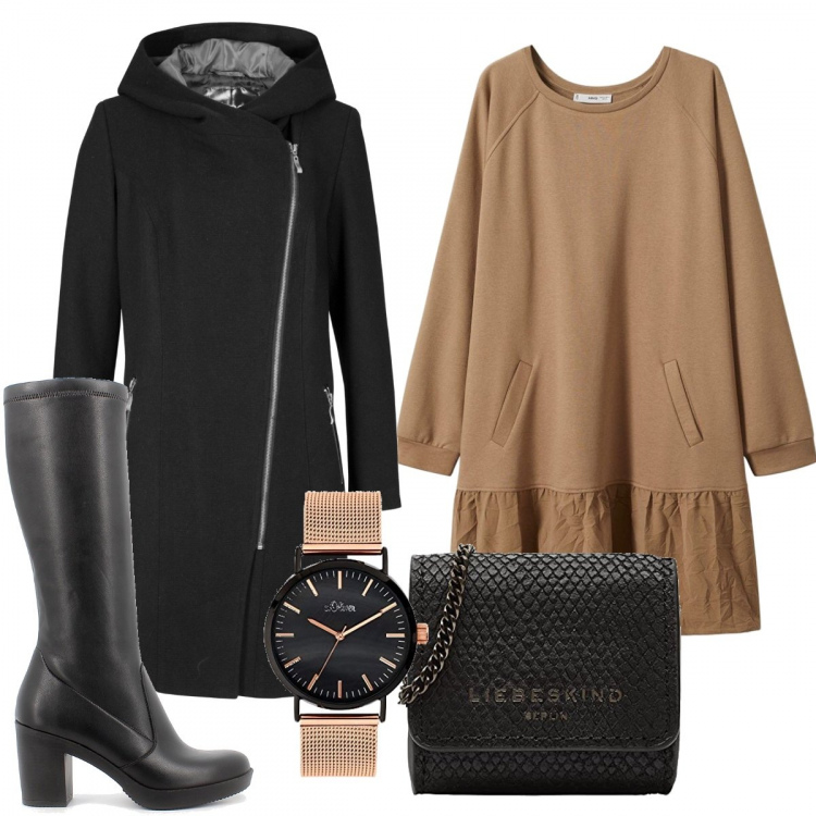 Outfit donna - Perfetta in ufficio. Stile Trendy per Ufficio. Abbinamento con blazer, stivali, vestiti corti, collane, orologi.