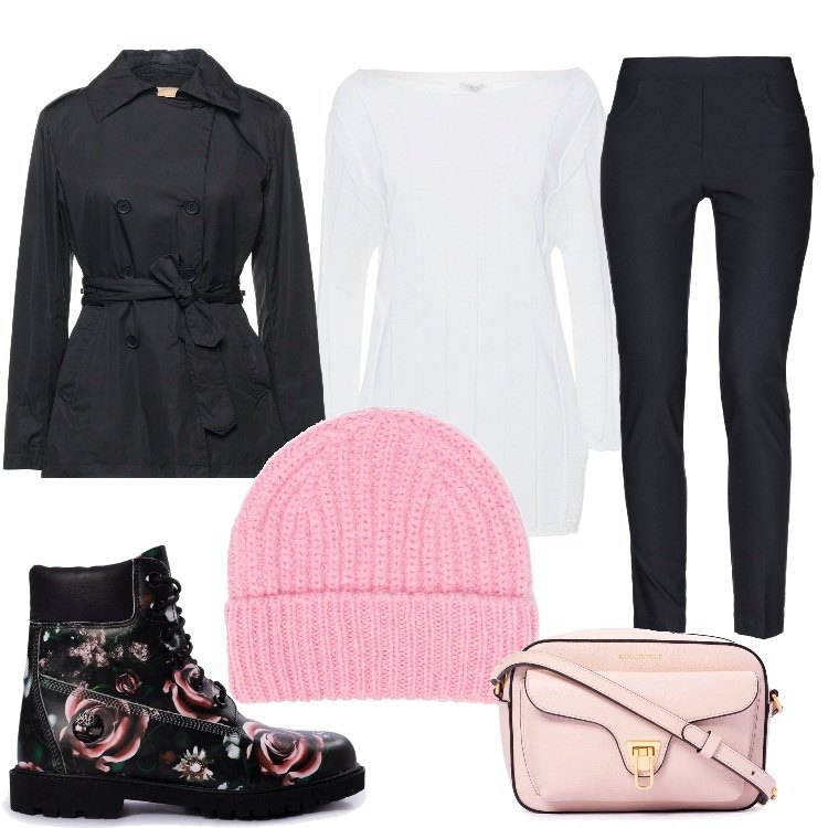 Outfit donna - Regali borsa e scarpe Push96. Stile Casual chic per Serata fuori. Abbinamento con leggings, cappotti, pullovers, borse a tracolla, stivaletti, berretti.