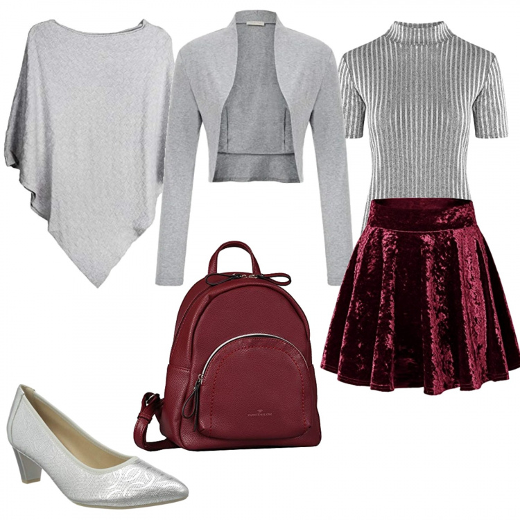 Outfit donna - Grigio e bordeaux bon ton. Stile Bon Ton per Serata fuori. Abbinamento con gonne, zaini, maglieria, bolero, cappotti, scarpe col tacco.