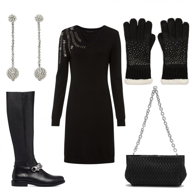 Outfit donna - Pittarosso, Natale in famiglia. Stile Chic per Cerimonia. Abbinamento con vestiti, pochette, stivali, guanti, orecchini.