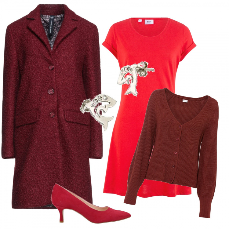 Outfit donna - Rosso a dicembre. Stile Casual chic per Tutti i giorni. Abbinamento con vestiti, cardigans, cappotti, décolleté, orecchini.