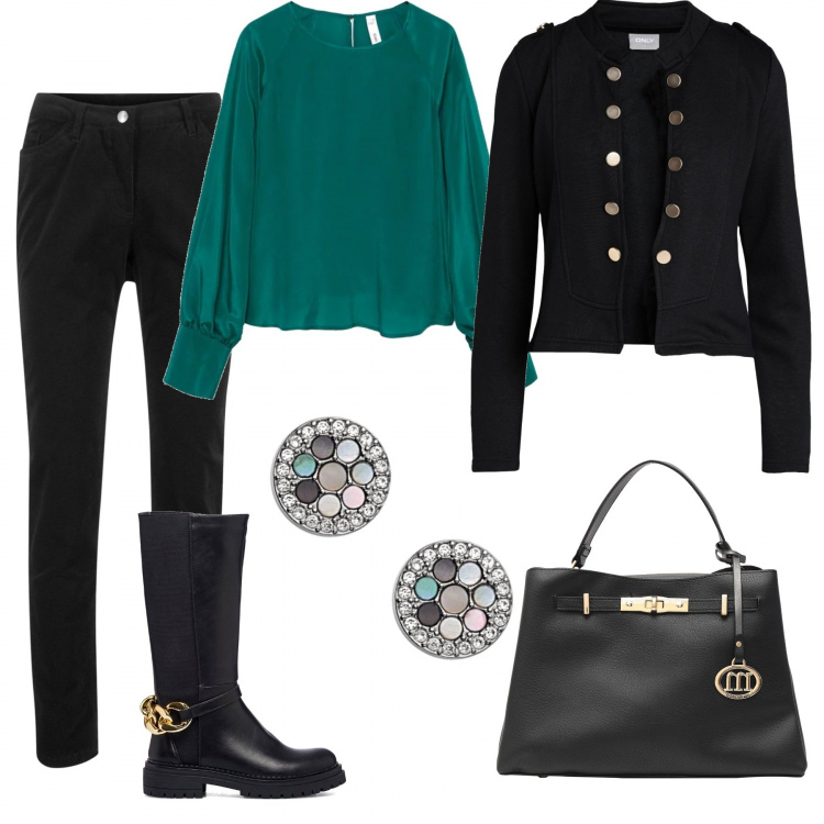 Outfit donna - Military #336. Stile Military per Tutti i giorni. Abbinamento con pantaloni, blazer, borse a mano, stivali, bluse, orecchini.