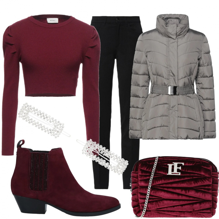 Outfit donna - Natale con Yoox. Stile Chic per Serata fuori. Abbinamento con piumini, stivaletti chelsea, pullovers, pantaloni, borse a tracolla, accessori per capelli.