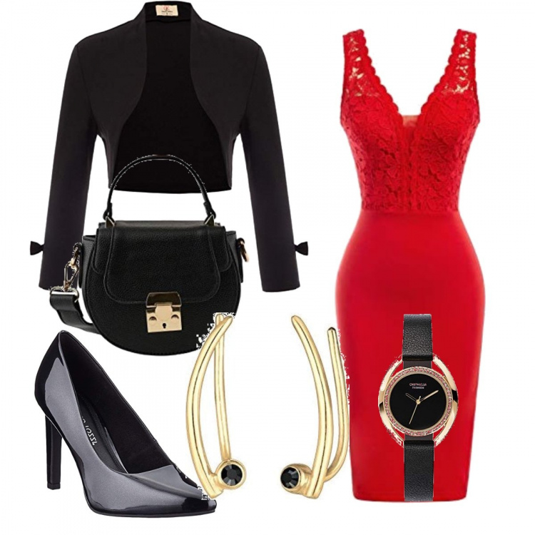 Outfit donna - Rosso sempre. Stile Chic per Serata fuori. Abbinamento con vestiti senza maniche, borse a tracolla, scialli, orologi analogici, décolleté, orecchini.