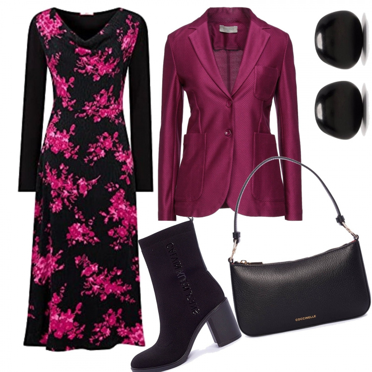 Outfit donna - 1616. Nero e Fucsia. Stile Bon Ton per Serata fuori. Abbinamento con blazer, borse a spalla, stivaletti, orecchini, vestiti.