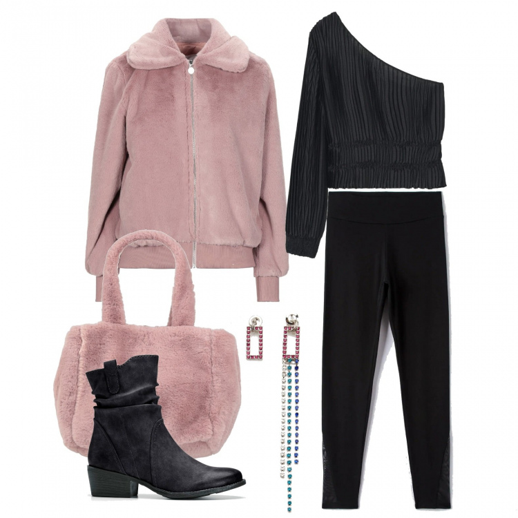 Outfit donna - X-mas 2021: in rosa. Stile Trendy per Tutti i giorni. Abbinamento con stivaletti texani, borse a mano, cappotti, leggings, orecchini, bluse.