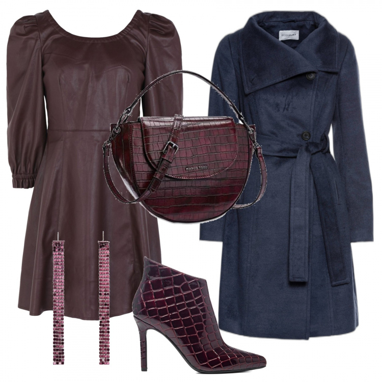 Outfit donna - Stiletto effetto coccodrillo. Stile Trendy per Serata fuori. Abbinamento con cappotti, vestiti corti, stivaletti, borse a mano, orecchini.