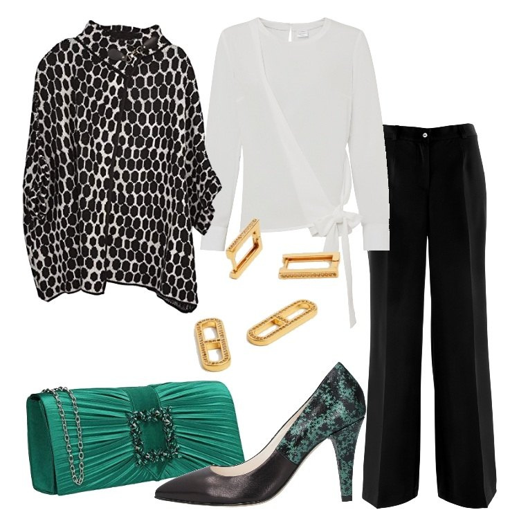 Outfit donna - Elegante con le décolleté. Stile Chic per Serata fuori. Abbinamento con pantaloni, bluse, décolleté, cappe, orecchini, pochette.