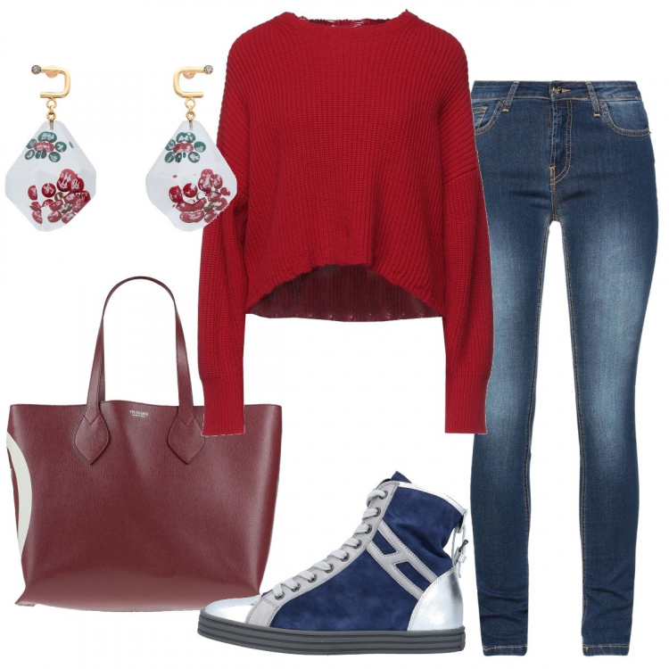 Outfit donna - Casual #13979. Stile Casual per Tutti i giorni. Abbinamento con sneakers, pullovers, jeans slim fit, borse a mano, orecchini.