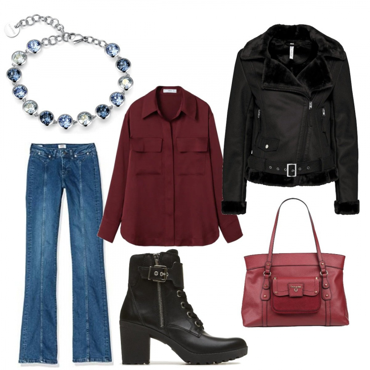 Outfit donna - Nero rosso e blu. Stile Casual per Tutti i giorni. Abbinamento con cappotti, borse a mano, stivaletti, braccialetti, camicie, jeans a zampa.