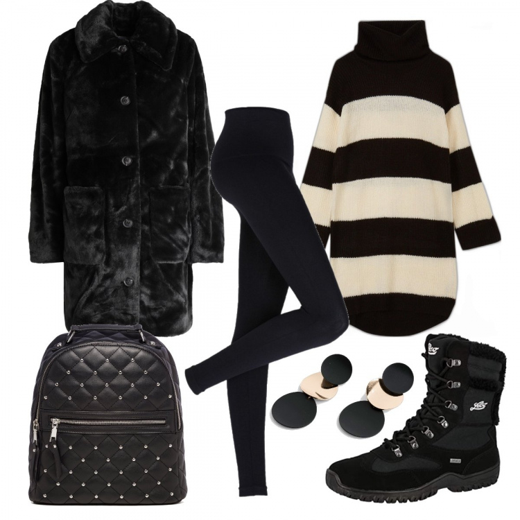 Outfit donna - Feste in baita. Stile Casual chic per Tutti i giorni. look ideale per Petite. Abbinamento con leggings, orecchini, cappotti, vestiti, zaini, stivali da neve.