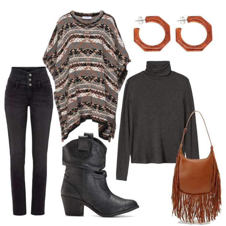 Outfit donna - Un tocco di marrone. Stile Boho per Tutti i giorni. Abbinamento con stivaletti texani, jeans skinny, cappe, orecchini, borse a spalla, t-shirt.