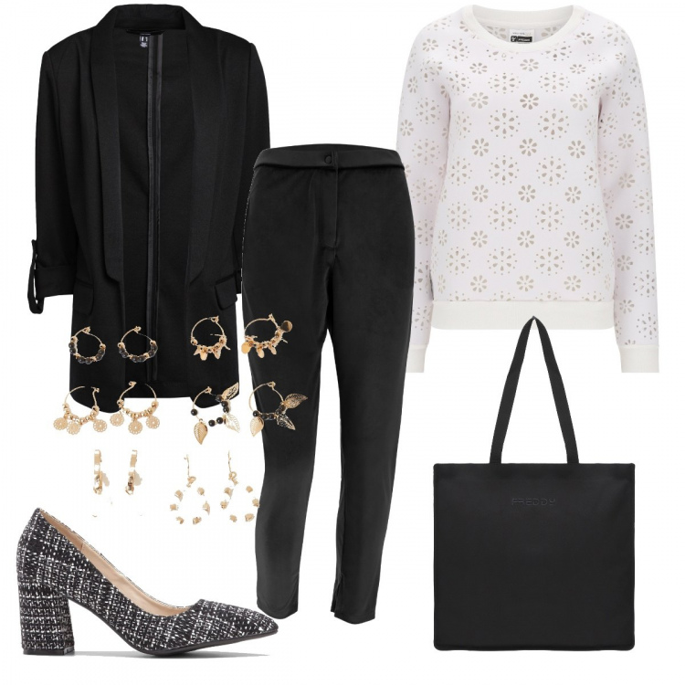 Outfit donna - Un Natale sporty chic. Stile Sporty chic per Serata fuori. look ideale per Petite. Abbinamento con décolleté, blazer, orecchini, felpe, pantaloni, shopping bag.
