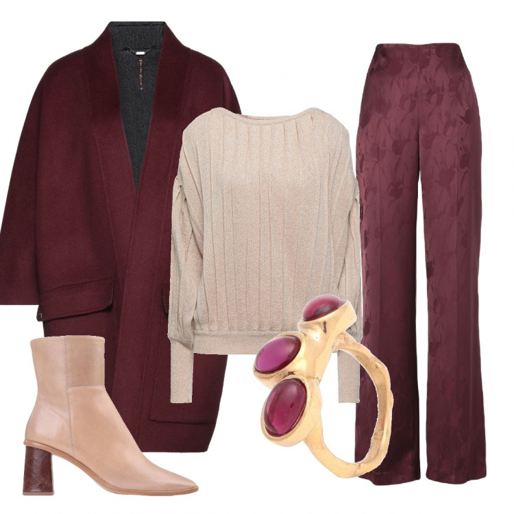 Outfit donna - Panna e bordeaux. Stile Casual chic per Tutti i giorni. Abbinamento con pantaloni, pullovers, cappotti, anelli, stivaletti.