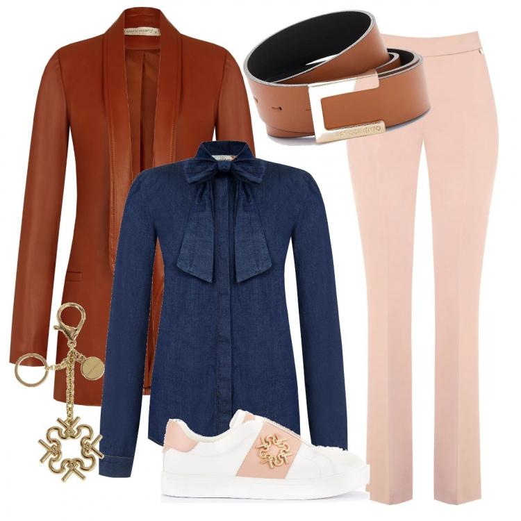 Outfit donna - Camicia di jeans con fiocco. Stile Casual chic per Tutti i giorni. Abbinamento con camicie, giacche, sneakers, pantaloni, cinture, portachiavi.
