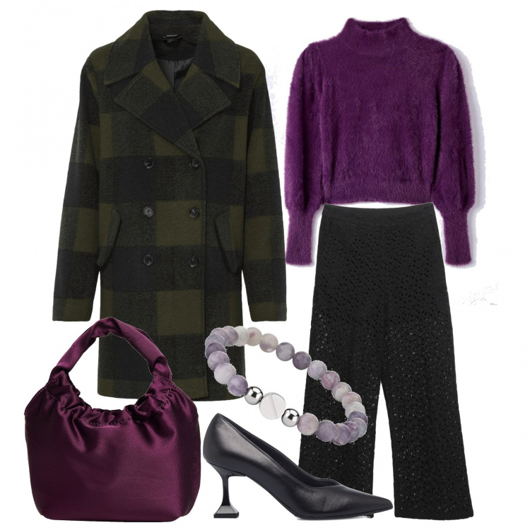 Outfit donna - X-mas 2021: color muschio. Stile Casual chic per Tutti i giorni. Abbinamento con pantaloni, borse a mano, ballerine, maglieria, décolleté, braccialetti.
