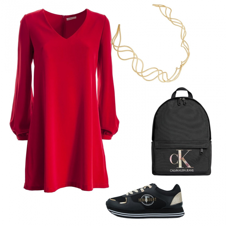 Outfit donna - Natale sporty chic. Stile Sporty chic per Tutti i giorni. Abbinamento con sneakers, collane, vestiti lunghi, zaini.