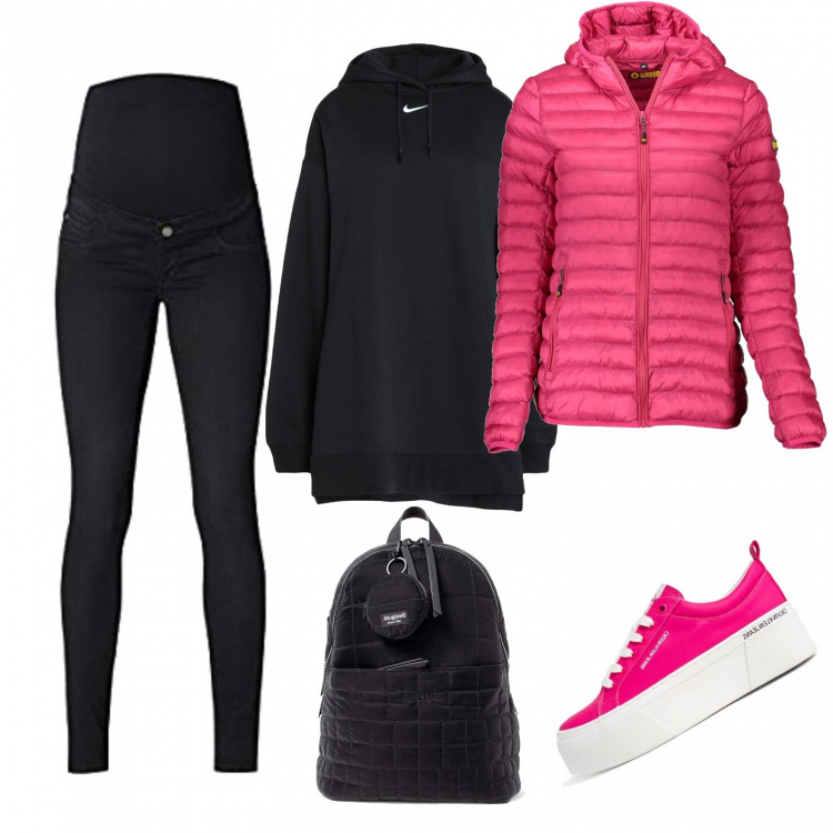 Outfit donna - Passeggiata post pranzo (vegan look). Stile Basic per Tutti i giorni. look ideale per Premaman. Abbinamento con felpe con cappuccio, sneakers alte, zaini, jeans, piumini.
