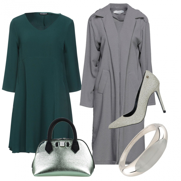 Outfit donna - Natale in verde e argento (vegan look). Stile Chic per Tutti i giorni. Abbinamento con vestiti corti, décolleté, braccialetti, cappotti, borse a mano.