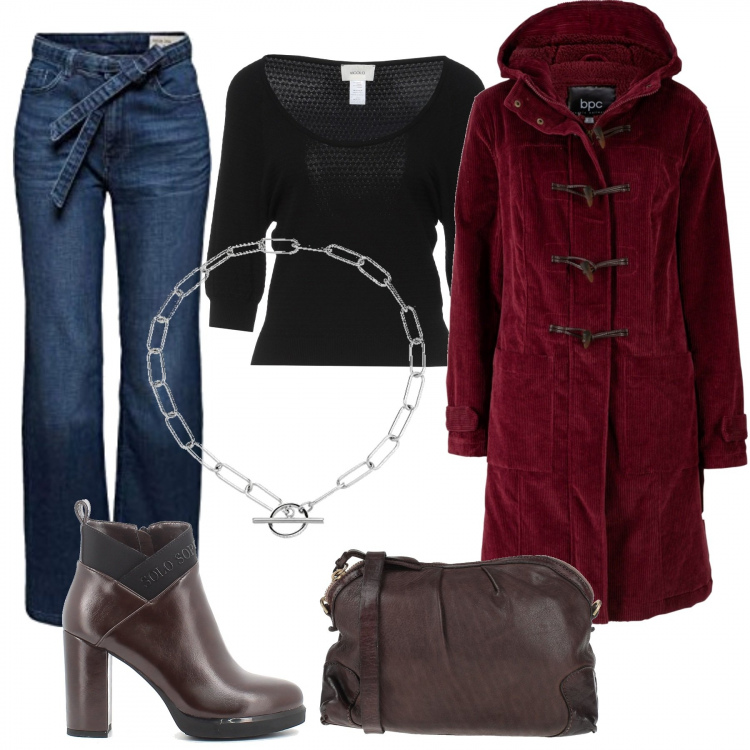 Outfit donna - Tutti i giorni con Stile. Stile Casual chic per Tutti i giorni. Abbinamento con montgomery, borse a tracolla, pullovers, stivaletti, jeans, collane.