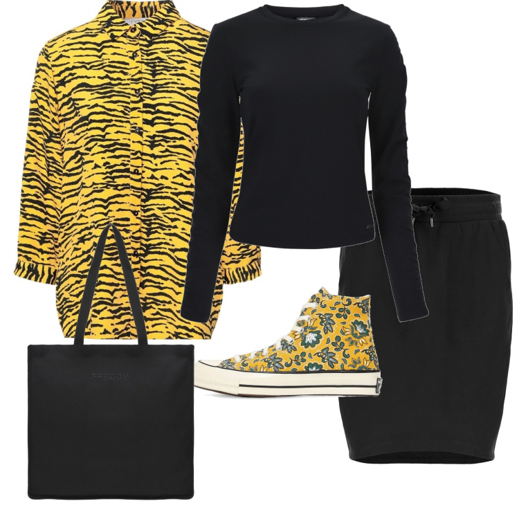 Outfit donna - Il Natale si tinge di giallo!. Stile Sporty chic per Tutti i giorni. Abbinamento con camicie, gonne, maglieria, shopping bag, sneakers.