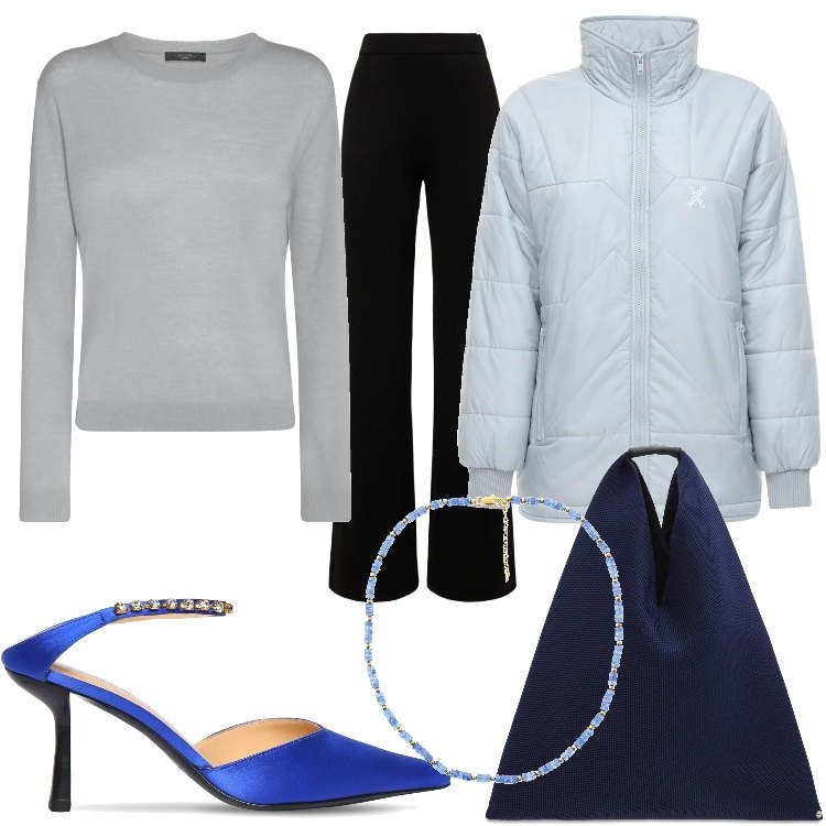Outfit donna - Natale glam con LuisaviaRoma. Stile Glamour per Serata fuori. Abbinamento con shopping bag, maglieria, décolleté, piumini, collane, pantaloni.