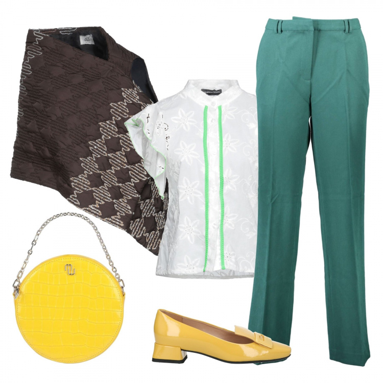 Outfit donna - Casual chic #12034. Stile Casual chic per Tutti i giorni. Abbinamento con camicie a manica corta, cappe, mocassini, borse a mano, pantaloni.