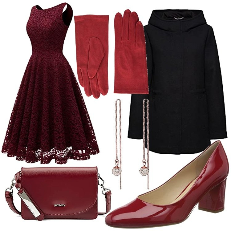 Outfit donna - Natale fashion con Amazon. Stile Chic per Serata fuori. Abbinamento con giacche, vestiti midi/longuette, scarpe col tacco, orecchini, borse a tracolla, guanti.
