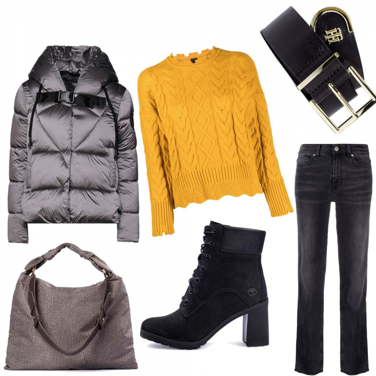 Outfit donna - Total look #1228116. Stile Casual per Tutti i giorni. Abbinamento con piumini, borse a tracolla, cinture, stivali, maglieria, jeans dritti.