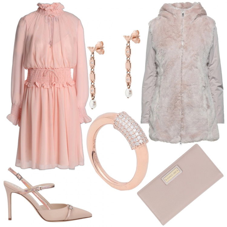 Outfit donna - Cena della vigilia. Stile Vintage retrò per Serata fuori. Abbinamento con cappotti, vestiti corti, portafogli, décolleté, orecchini, anelli.