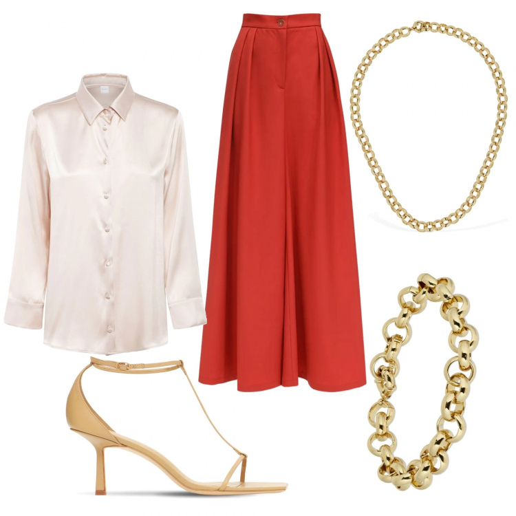 Outfit donna - Festeggiare. Stile Casual per Serata fuori. Abbinamento con pantaloni, braccialetti, camicie, sandali in pelle, collane.