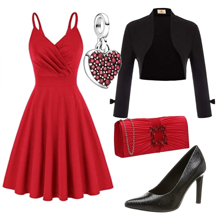 Outfit donna - Vigilia di Natale. Stile Trendy per Serata fuori. Abbinamento con vestiti senza maniche, décolleté, scialli, ciondoli, pochette.