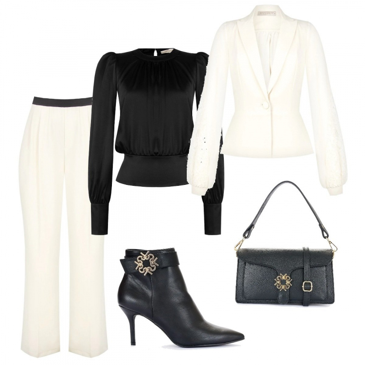 Outfit donna - Chic a Natale con Rinascimento. Stile Chic per Serata fuori. Abbinamento con bluse, giacche, pantaloni a palazzo, stivaletti, borse a spalla.