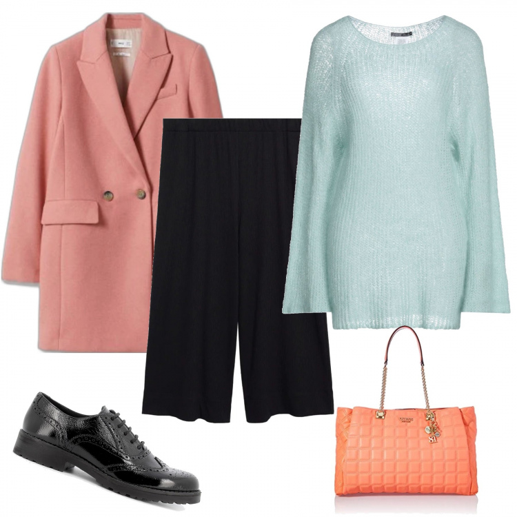 Outfit donna - Casual #14022. Stile Casual per Tutti i giorni. Abbinamento con pullovers, scarpe stringate, cappotti, pantaloni culotte, borse a mano.