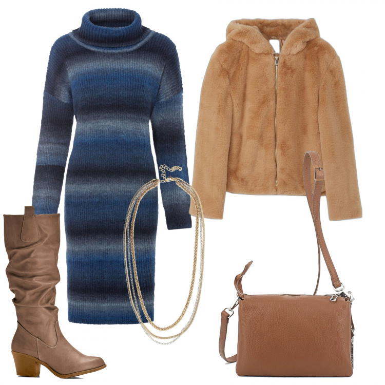 Outfit donna - Passeggiata post pranzo di Natale. Stile Casual per Tutti i giorni. Abbinamento con stivali, vestiti, cappotti, collane, borse a tracolla.