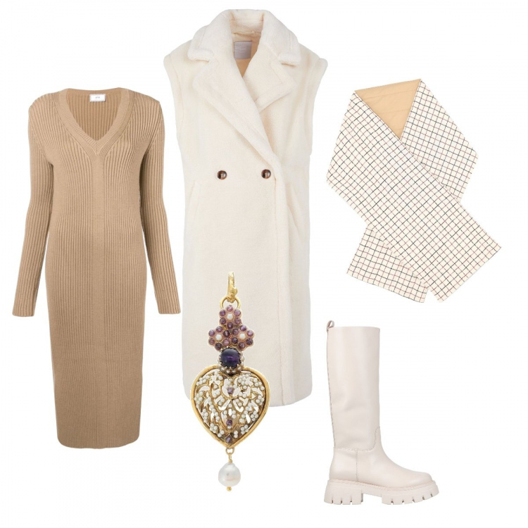 Outfit donna - Caldo bianco. Stile Minimal per Tutti i giorni. Abbinamento con stivali, cappotti, sciarpe, ciondoli, vestiti lunghi.
