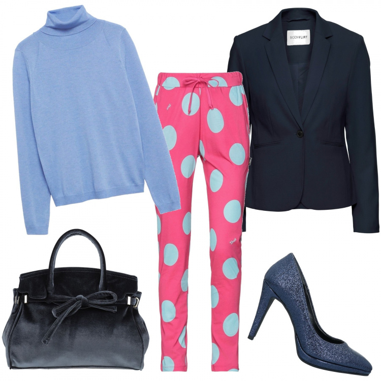 Outfit donna - A colori. Stile Casual chic per Tutti i giorni. Abbinamento con blazer, borse a mano, pantaloni, décolleté, pullovers.