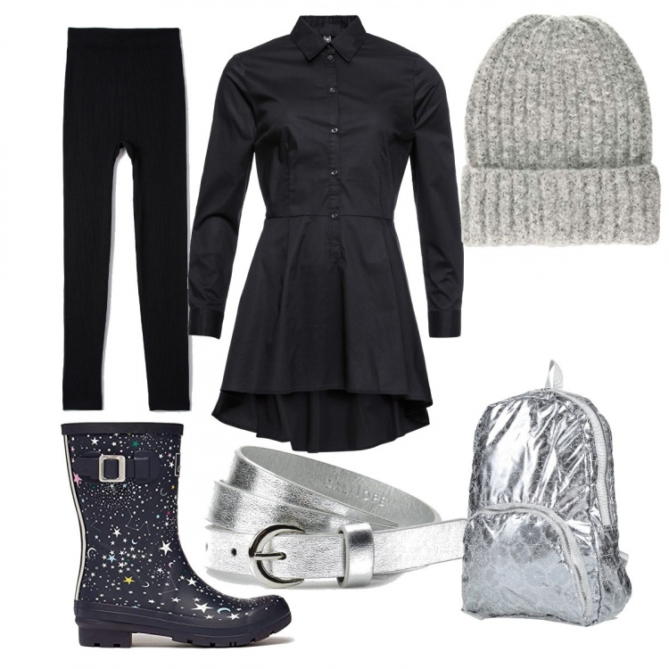 Outfit donna - Passeggiata sotto la pioggia. Stile Urban per Tutti i giorni. Abbinamento con camicie, zaini, leggings, cinture, stivali, berretti.