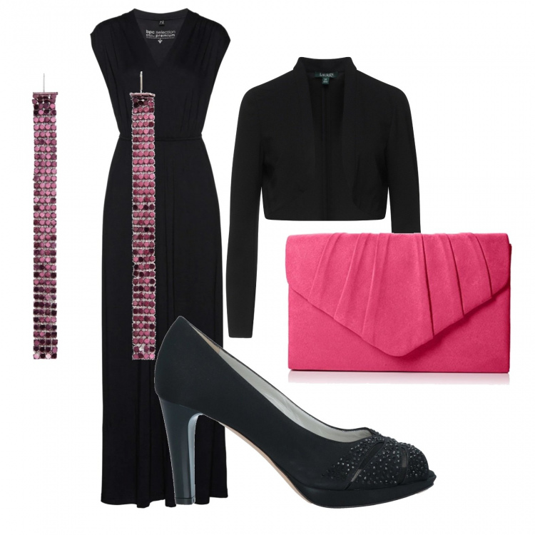 Outfit donna - Sexy in lungo. Stile Chic per Serata fuori. Abbinamento con bolero, décolleté, vestiti lunghi, orecchini, pochette.