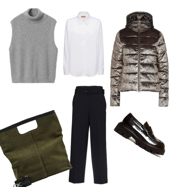 Outfit donna - Sprint con stile!. Stile Casual chic Abbinamento con piumini, mocassini, pantaloni, gilet, camicie, borse tote.
