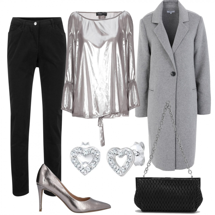Outfit donna - Easy e chic. Stile Casual chic per Serata fuori. Abbinamento con pantaloni, cappotti, bluse, décolleté, pochette, orecchini.