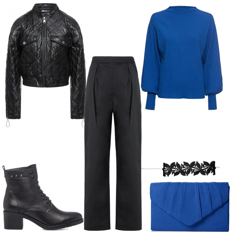 Outfit donna - Blu e nero per la cena. Stile Trendy per Serata fuori. Abbinamento con maglieria, pantaloni, giacche, collane, stivaletti, pochette.